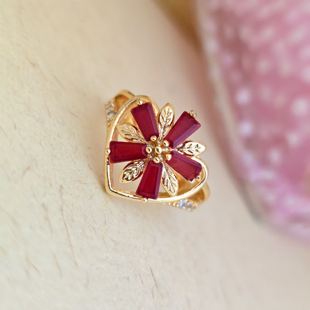 24K_Gold_Plated_AD_Zirconia_Red_Floral_Heart_Free_Size_Adjustable_Ring - Saubhagya Collection 