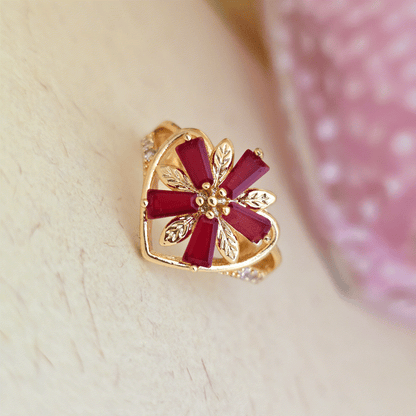 24K_Gold_Plated_AD_Zirconia_Red_Floral_Heart_Free_Size_Adjustable_Ring - Saubhagya Collection 