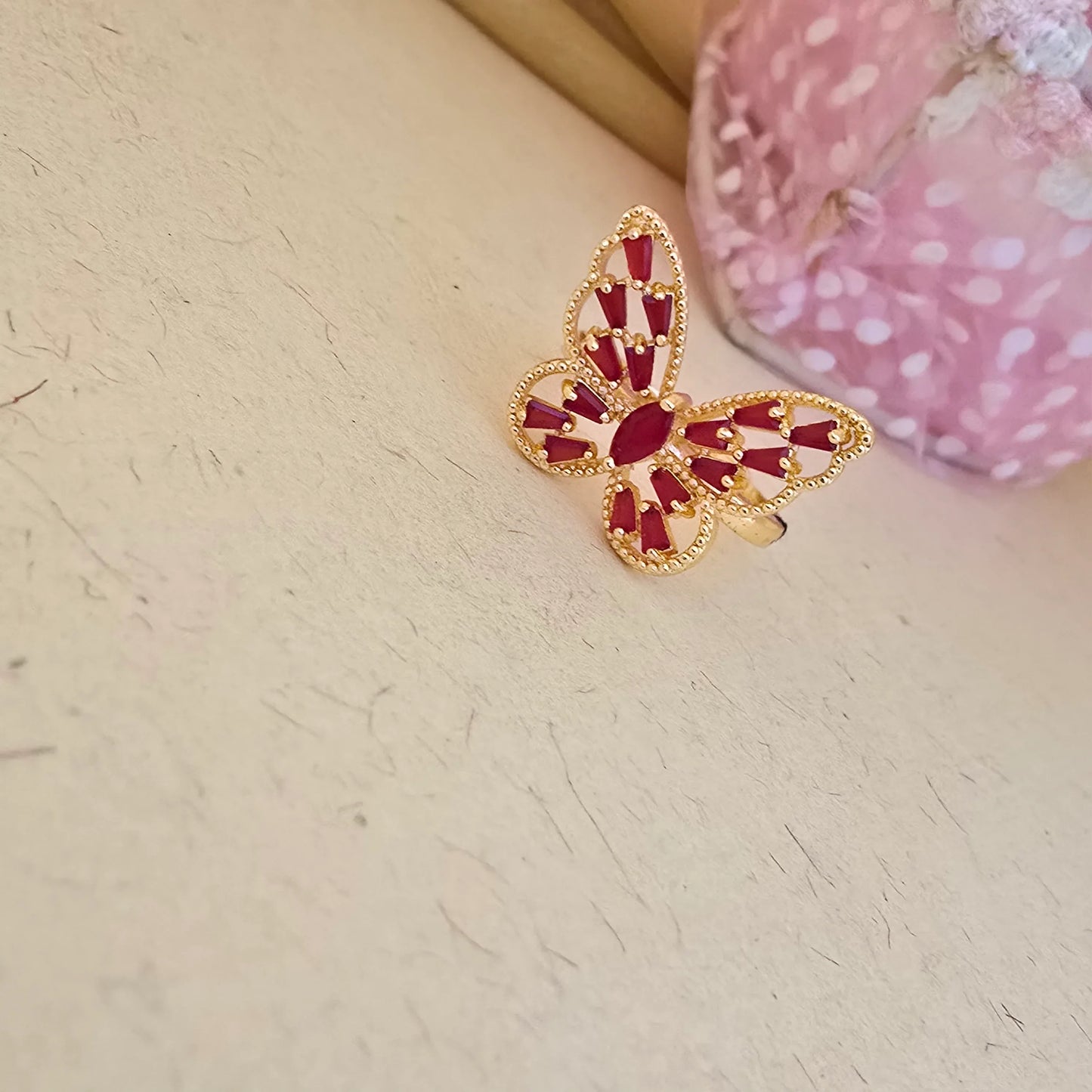24K_Gold_Plated_AD_Zirconia_Red_Stone_Butterfly_Free_Size_Adjustable_Ring - Saubhagya Collection 