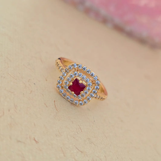 24K_Gold_Plated_AD_Zirconia_Red_Stone_Square_Halo_Free_Size_Adjustable_Ring - Saubhagya Collection 