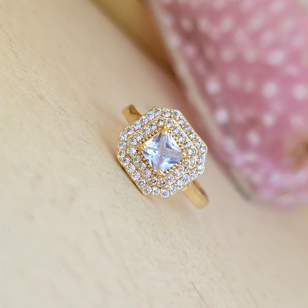 24K_Gold_Plated_AD_Zirconia_White_Square_Double_Halo_Free_Size_Adjustable_Ring - Saubhagya Collection 