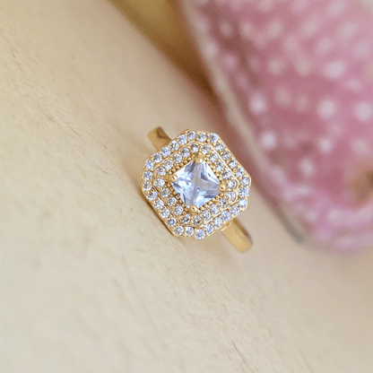 24K_Gold_Plated_AD_Zirconia_White_Square_Double_Halo_Free_Size_Adjustable_Ring - Saubhagya Collection 