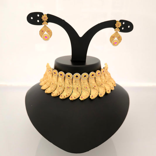 24k gold plated gold tone pink stone AD zirconia designer choker necklace set with earrings for women bridal wedding jewellery