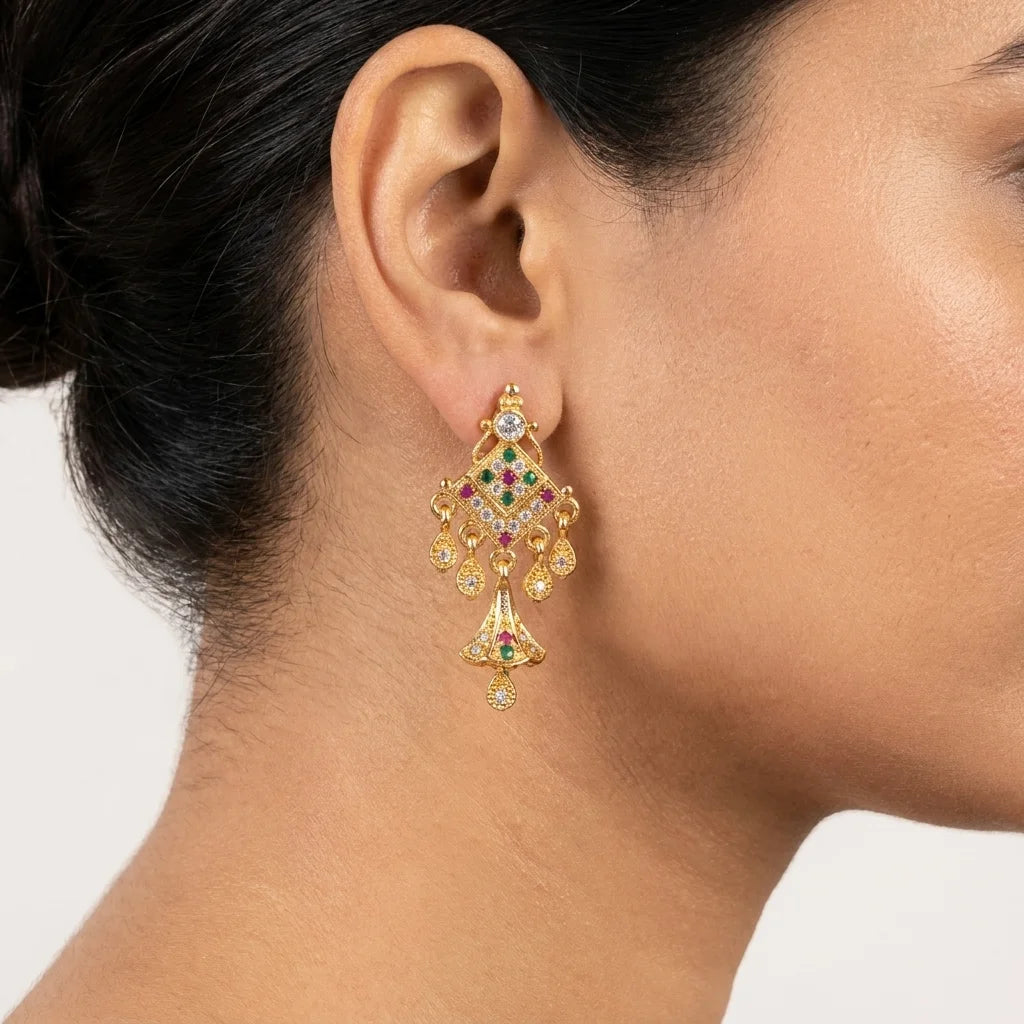 AD zirconia designer earrings, ethnic dangle earrings, traditional gold earrings, festive earrings for women, multicolor stone earrings, water resistant earrings, imitation jewellery