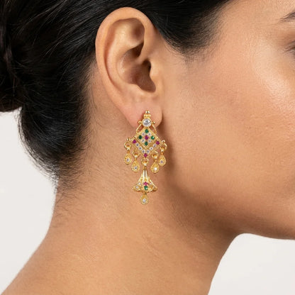 AD zirconia designer earrings, ethnic dangle earrings, traditional gold earrings, festive earrings for women, multicolor stone earrings, water resistant earrings, imitation jewellery