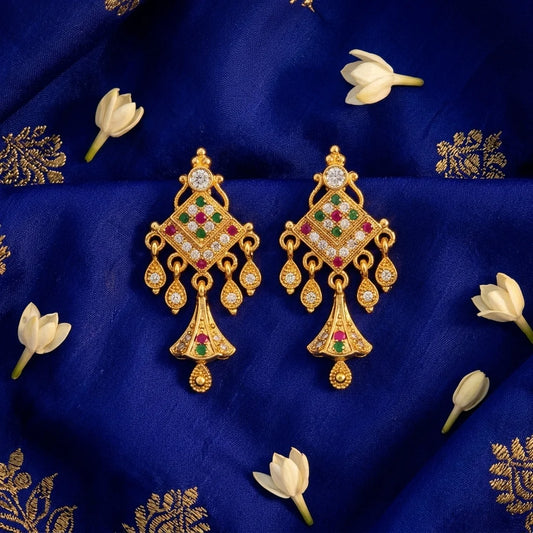 AD zirconia designer earrings, ethnic dangle earrings, traditional gold earrings, festive earrings for women, multicolor stone earrings, water resistant earrings, imitation jewellery