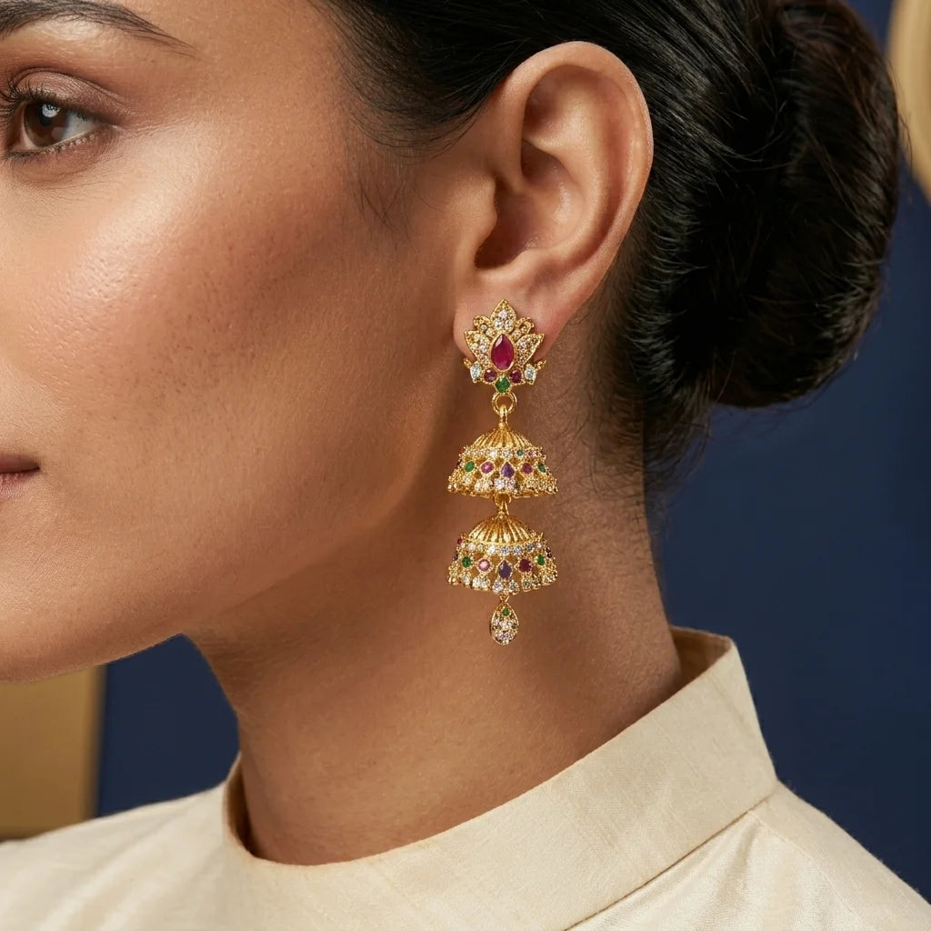 AD zirconia double layer jhumka earrings, traditional gold jhumki, ethnic bridal earrings, festive earrings for women, screw back earrings, water resistant earrings, imitation jewellery