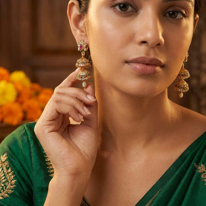 AD zirconia double layer jhumka earrings, traditional gold jhumki, ethnic bridal earrings, festive earrings for women, screw back earrings, water resistant earrings, imitation jewellery