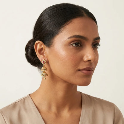 AD zirconia double layer jhumka earrings, traditional gold jhumki, ethnic bridal earrings, festive earrings for women, screw back earrings, water resistant earrings, imitation jewellery