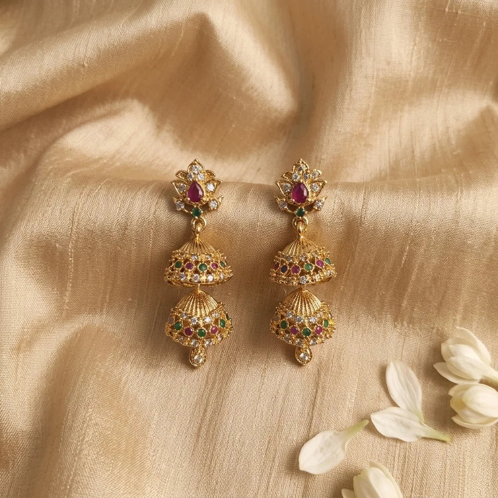 AD zirconia double layer jhumka earrings, traditional gold jhumki, ethnic bridal earrings, festive earrings for women, screw back earrings, water resistant earrings, imitation jewellery