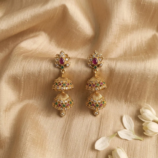 AD zirconia double layer jhumka earrings, traditional gold jhumki, ethnic bridal earrings, festive earrings for women, screw back earrings, water resistant earrings, imitation jewellery