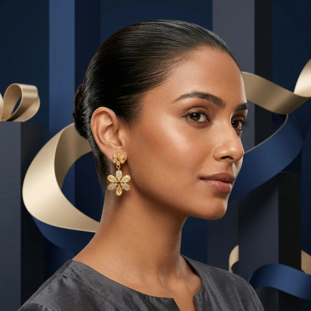 AD zirconia floral earrings, gold flower earrings, designer drop earrings, party wear earrings, ethnic floral earrings, water resistant earrings, zirconia dangler earrings