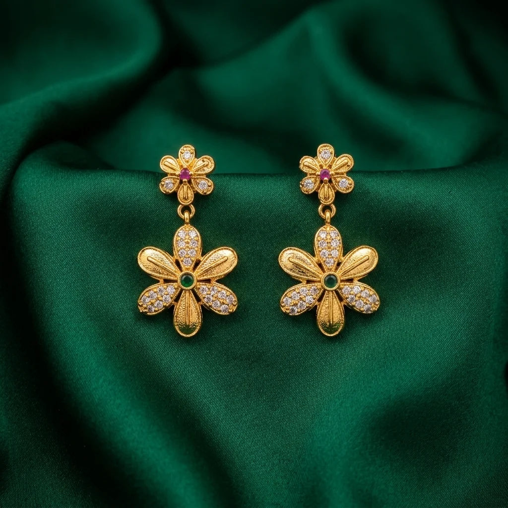 AD zirconia floral earrings, gold flower earrings, designer drop earrings, party wear earrings, ethnic floral earrings, water resistant earrings, zirconia dangler earrings