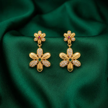 AD zirconia floral earrings, gold flower earrings, designer drop earrings, party wear earrings, ethnic floral earrings, water resistant earrings, zirconia dangler earrings