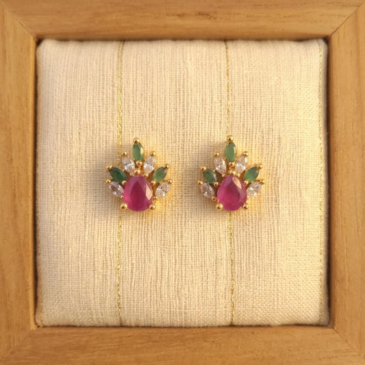 AD zirconia floral stud earrings, traditional gold earrings, ruby green stone earrings, ethnic designer earrings, festive womens earrings, lightweight zirconia earrings, water resistant earrings