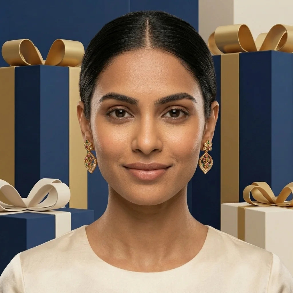 AD zirconia leaf earrings, floral drop earrings, ethnic designer earrings, gold finish earrings, festive earrings for women, water resistant earrings, traditional zirconia earrings