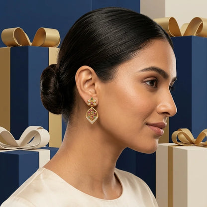 AD zirconia leaf earrings, floral drop earrings, ethnic designer earrings, gold finish earrings, festive earrings for women, water resistant earrings, traditional zirconia earrings