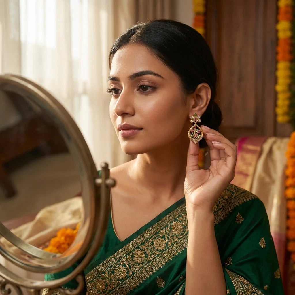 AD zirconia leaf earrings, floral drop earrings, ethnic designer earrings, gold finish earrings, festive earrings for women, water resistant earrings, traditional zirconia earrings