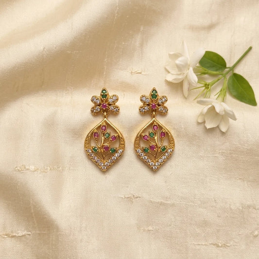 AD zirconia leaf earrings, floral drop earrings, ethnic designer earrings, gold finish earrings, festive earrings for women, water resistant earrings, traditional zirconia earrings