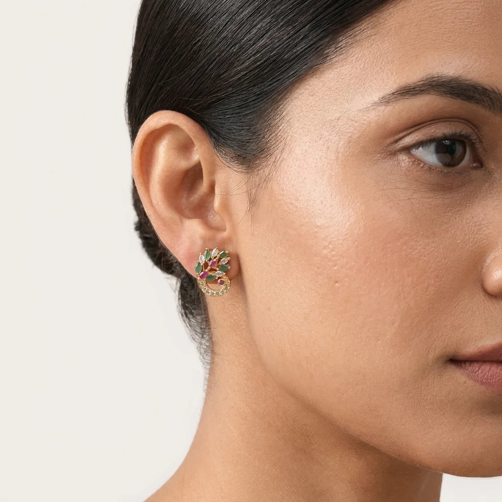AD zirconia peacock earrings, traditional stud earrings, gold ethnic earrings, ruby green stone earrings, festive womens earrings, designer zirconia earrings, water resistant earrings
