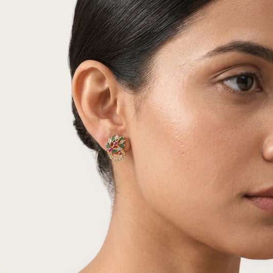 AD zirconia peacock earrings, traditional stud earrings, gold ethnic earrings, ruby green stone earrings, festive womens earrings, designer zirconia earrings, water resistant earrings