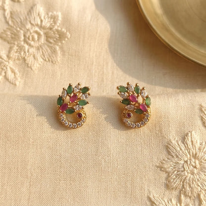 AD zirconia peacock earrings, traditional stud earrings, gold ethnic earrings, ruby green stone earrings, festive womens earrings, designer zirconia earrings, water resistant earrings