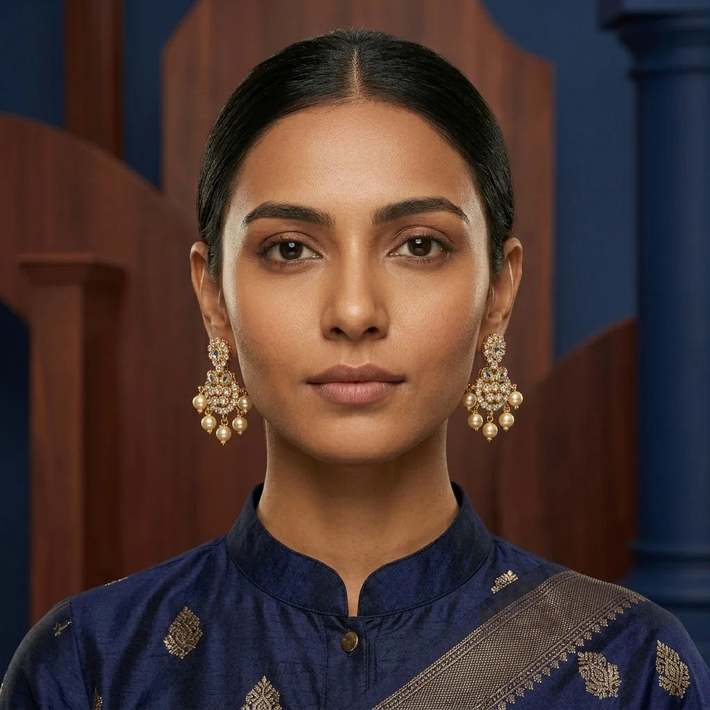 AD zirconia pearl earrings, traditional pearl drop earrings, ethnic gold earrings, festive earrings for women, designer zirconia earrings, water resistant earrings, bridal imitation jewellery