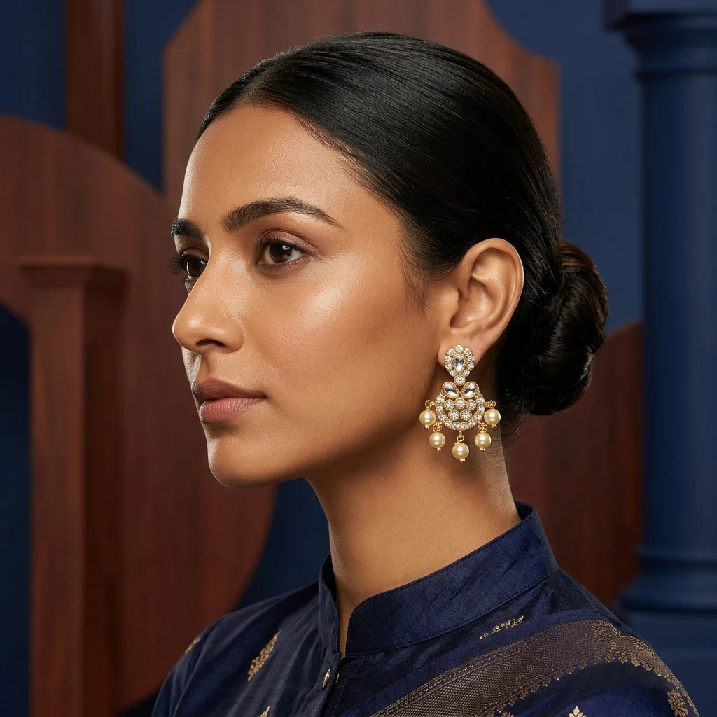 AD zirconia pearl earrings, traditional pearl drop earrings, ethnic gold earrings, festive earrings for women, designer zirconia earrings, water resistant earrings, bridal imitation jewellery