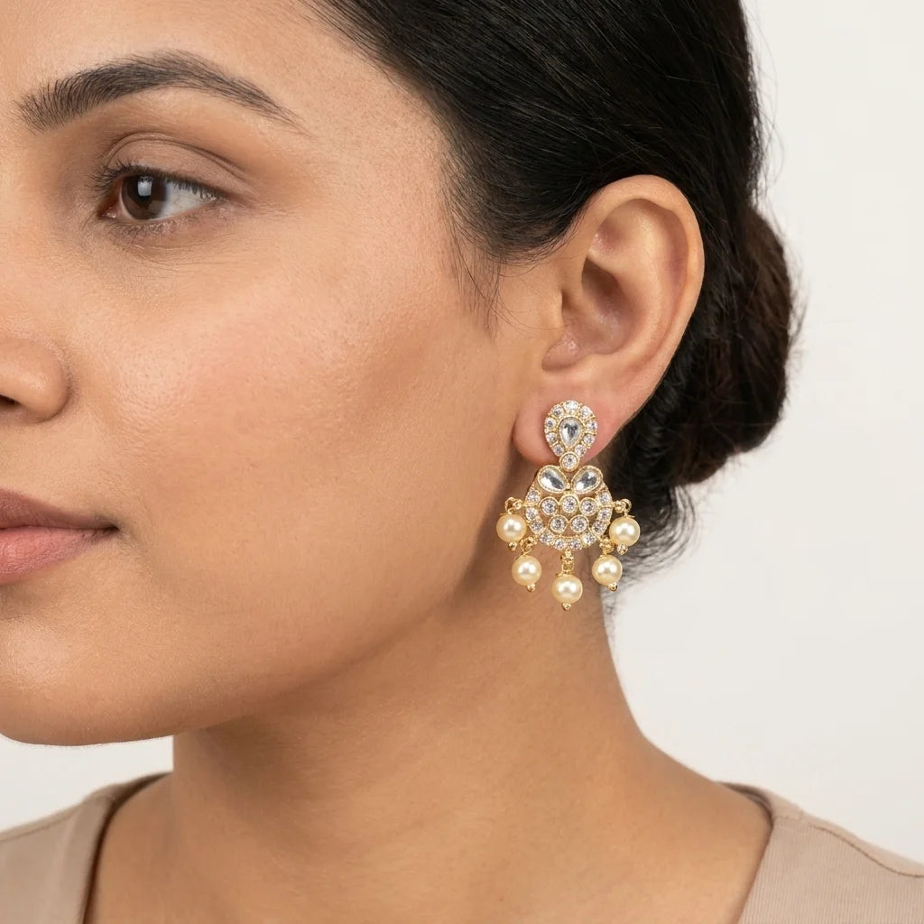 AD zirconia pearl earrings, traditional pearl drop earrings, ethnic gold earrings, festive earrings for women, designer zirconia earrings, water resistant earrings, bridal imitation jewellery