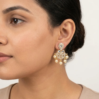 AD zirconia pearl earrings, traditional pearl drop earrings, ethnic gold earrings, festive earrings for women, designer zirconia earrings, water resistant earrings, bridal imitation jewellery