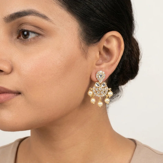 AD zirconia pearl earrings, traditional pearl drop earrings, ethnic gold earrings, festive earrings for women, designer zirconia earrings, water resistant earrings, bridal imitation jewellery