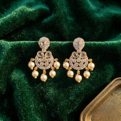 AD zirconia pearl earrings, traditional pearl drop earrings, ethnic gold earrings, festive earrings for women, designer zirconia earrings, water resistant earrings, bridal imitation jewellery