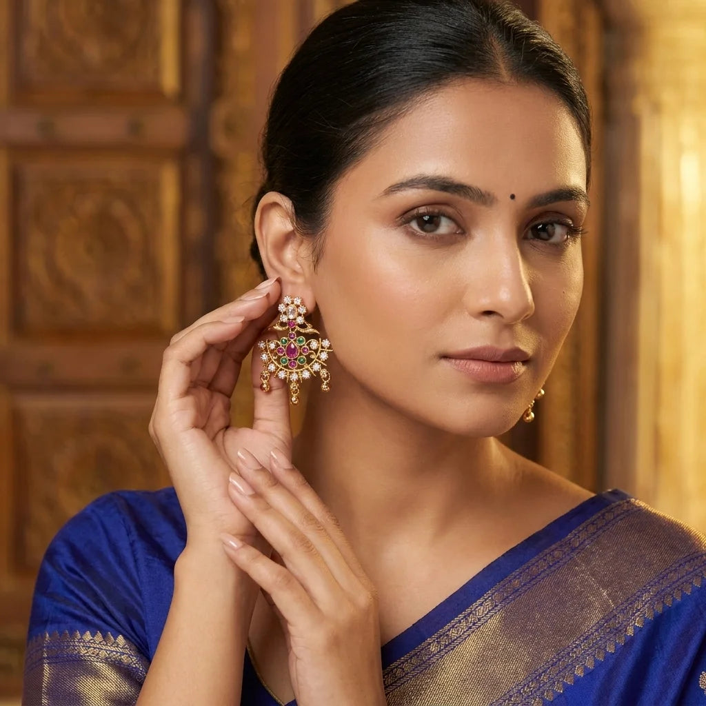 AD zirconia chandbali earrings, traditional gold earrings, bridal ethnic earrings, festive chandbali earrings, ruby green stone earrings, water resistant earrings, imitation jewellery for women