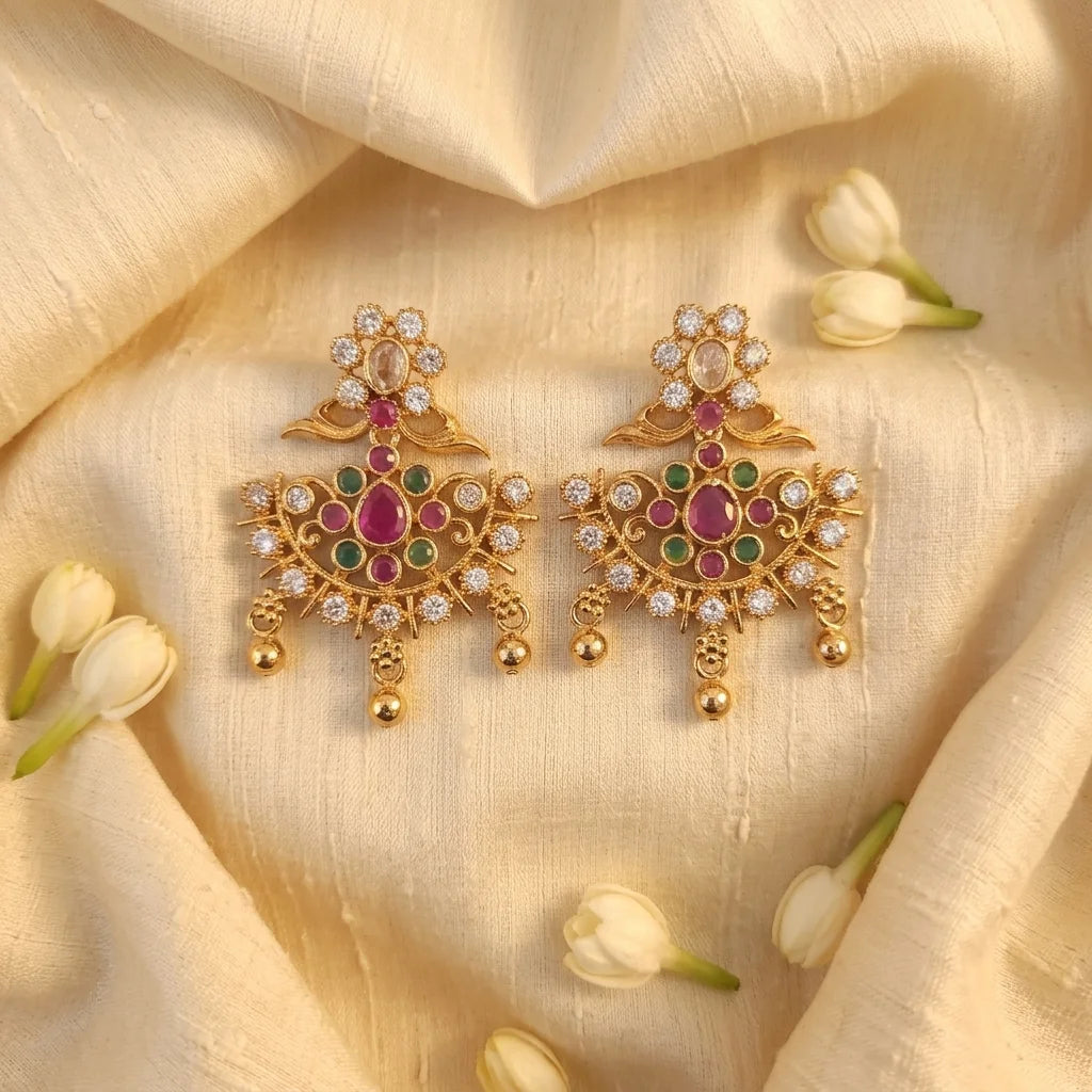 AD zirconia chandbali earrings, traditional gold earrings, bridal ethnic earrings, festive chandbali earrings, ruby green stone earrings, water resistant earrings, imitation jewellery for women