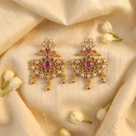 AD zirconia chandbali earrings, traditional gold earrings, bridal ethnic earrings, festive chandbali earrings, ruby green stone earrings, water resistant earrings, imitation jewellery for women