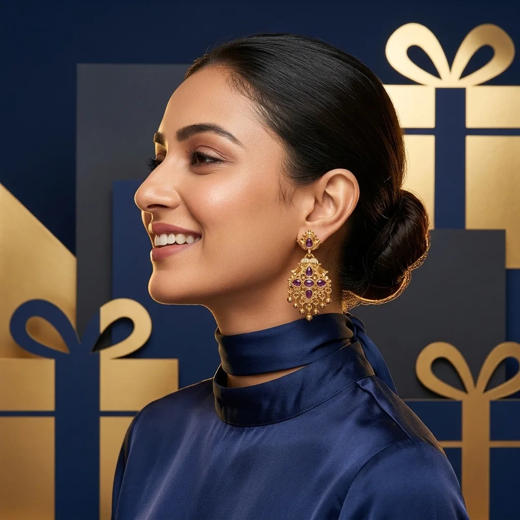 AD zirconia chandbali earrings, traditional gold earrings, ethnic dangling earrings, festive earrings for women, purple stone earrings, water resistant earrings, designer ethnic jewellery