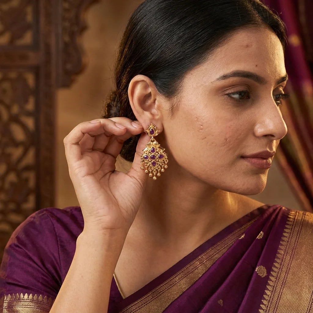 AD zirconia chandbali earrings, traditional gold earrings, ethnic dangling earrings, festive earrings for women, purple stone earrings, water resistant earrings, designer ethnic jewellery