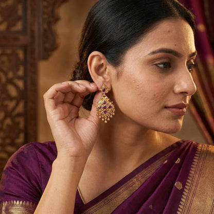AD zirconia chandbali earrings, traditional gold earrings, ethnic dangling earrings, festive earrings for women, purple stone earrings, water resistant earrings, designer ethnic jewellery