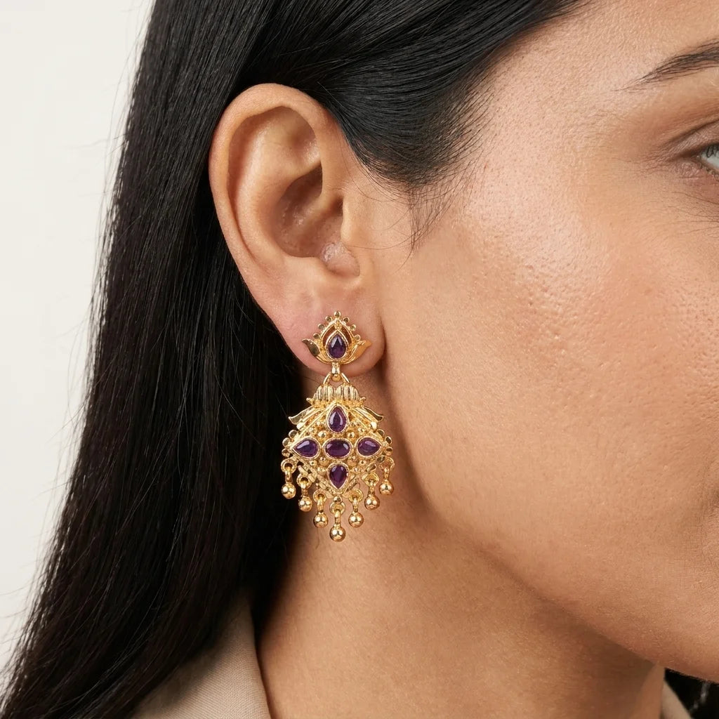 AD zirconia chandbali earrings, traditional gold earrings, ethnic dangling earrings, festive earrings for women, purple stone earrings, water resistant earrings, designer ethnic jewellery