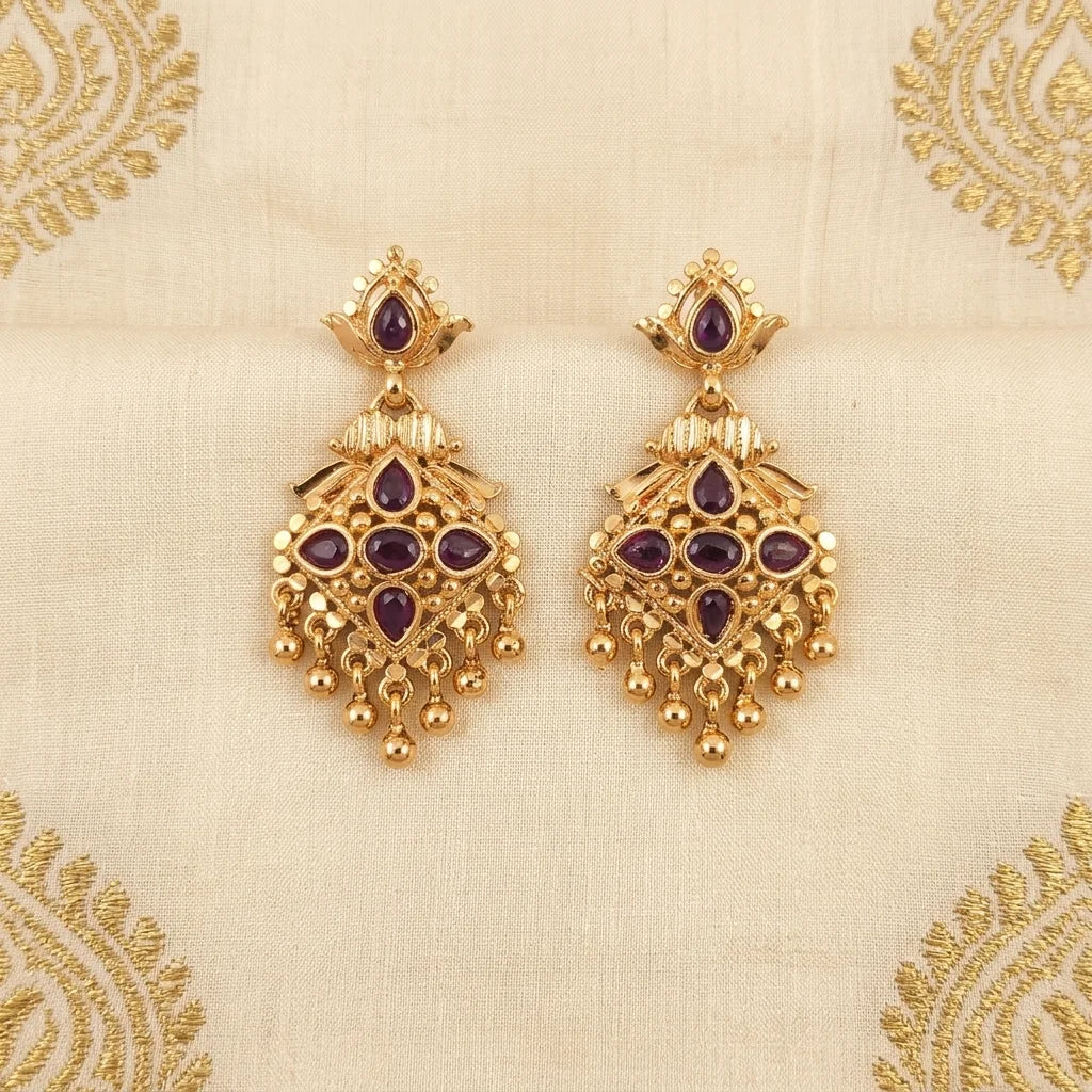 AD zirconia chandbali earrings, traditional gold earrings, ethnic dangling earrings, festive earrings for women, purple stone earrings, water resistant earrings, designer ethnic jewellery