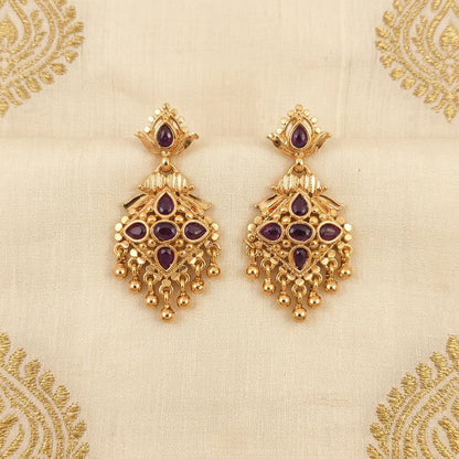 AD zirconia chandbali earrings, traditional gold earrings, ethnic dangling earrings, festive earrings for women, purple stone earrings, water resistant earrings, designer ethnic jewellery