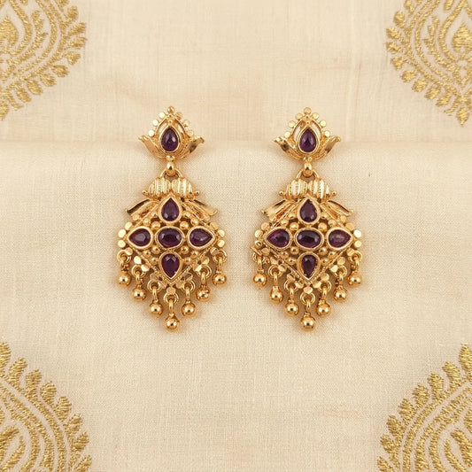 AD zirconia chandbali earrings, traditional gold earrings, ethnic dangling earrings, festive earrings for women, purple stone earrings, water resistant earrings, designer ethnic jewellery