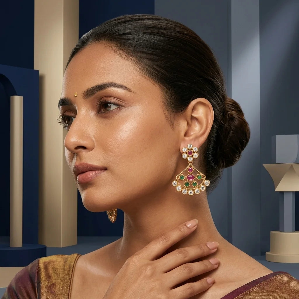 AD zirconia fan earrings, traditional ethnic earrings, gold finish earrings, ruby green stone earrings, festive earrings for women, water resistant earrings, designer ethnic jewellery