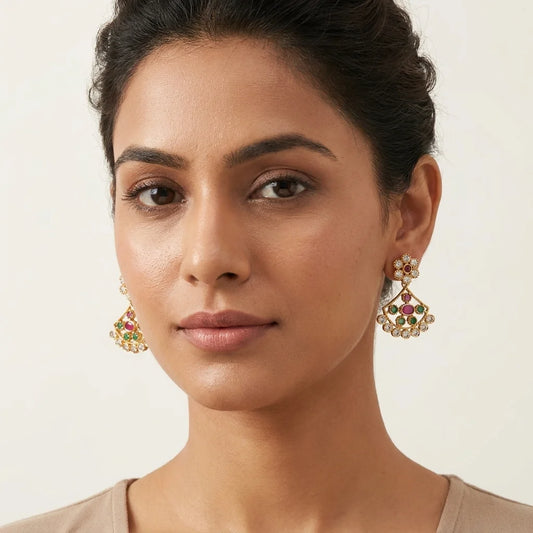 AD zirconia fan earrings, traditional ethnic earrings, gold finish earrings, ruby green stone earrings, festive earrings for women, water resistant earrings, designer ethnic jewellery