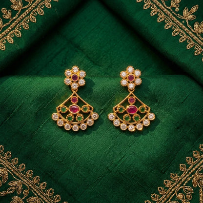 AD zirconia fan earrings, traditional ethnic earrings, gold finish earrings, ruby green stone earrings, festive earrings for women, water resistant earrings, designer ethnic jewellery