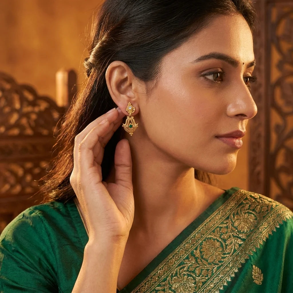 AD zirconia traditional earrings, ethnic drop earrings, gold finish earrings, designer ethnic earrings, festive earrings for women, water resistant earrings, traditional jewellery earrings