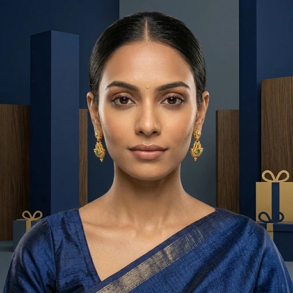 AD zirconia traditional earrings, ethnic drop earrings, gold finish earrings, designer ethnic earrings, festive earrings for women, water resistant earrings, traditional jewellery earrings