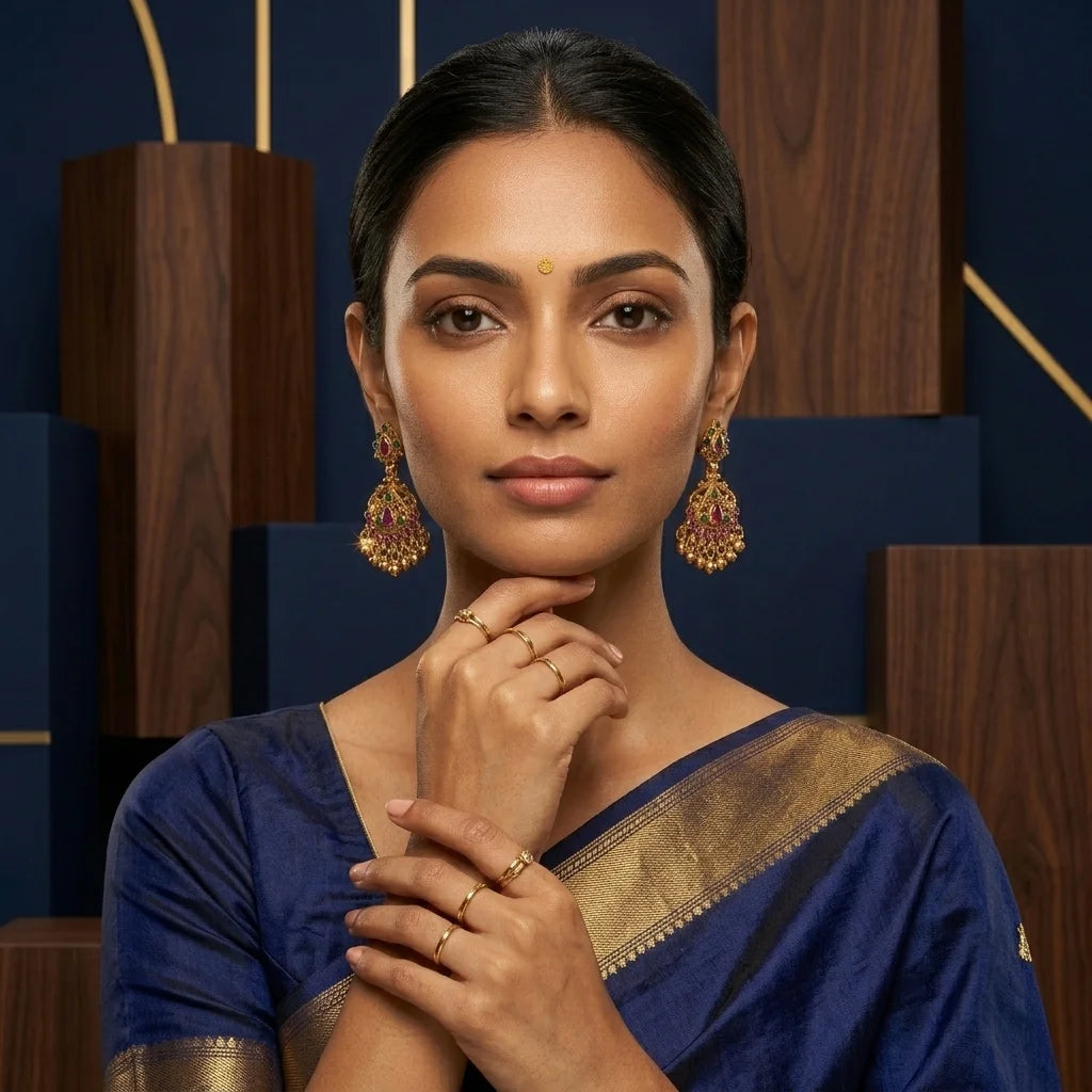 Shop elegant AD Zirconia traditional jhumka earrings with water-resistant gold finish perfect for festive wedding and ethnic styling