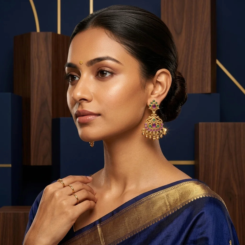 Shop elegant AD Zirconia traditional jhumka earrings with water-resistant gold finish perfect for festive wedding and ethnic styling
