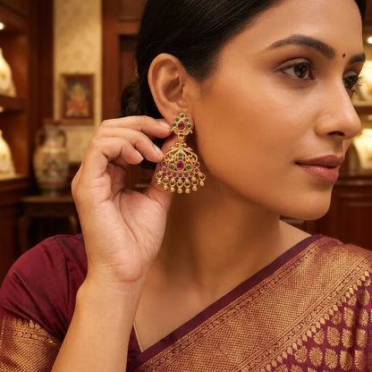 Shop elegant AD Zirconia traditional jhumka earrings with water-resistant gold finish perfect for festive wedding and ethnic styling